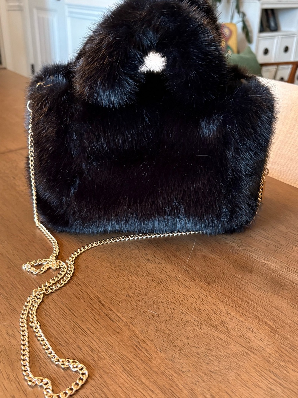 BCBGMAXAZRIA Black Faux Fur Mini Bag with Gold Chain